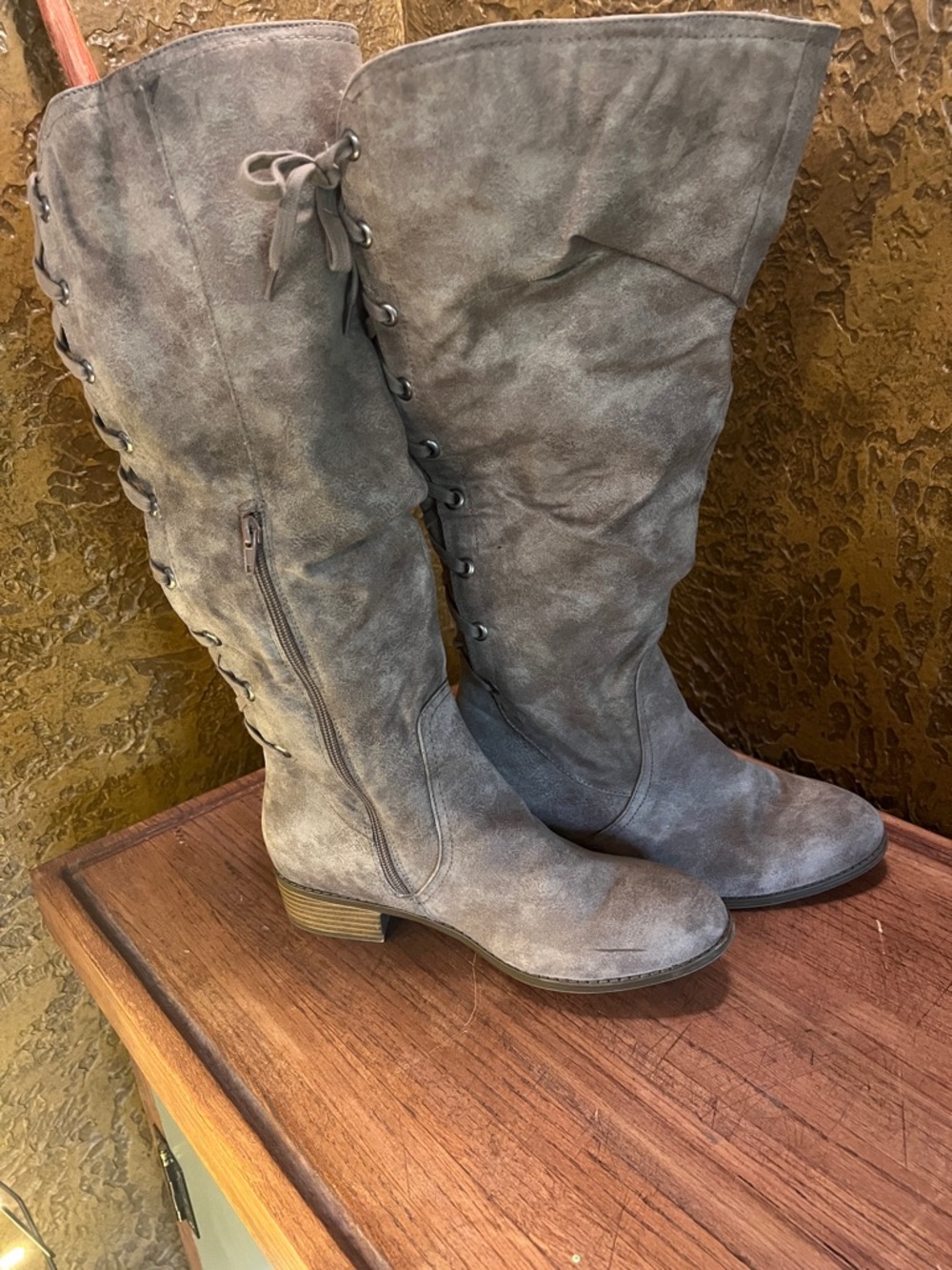 Women's Taupe Suede Lace-Back Knee-High Boots